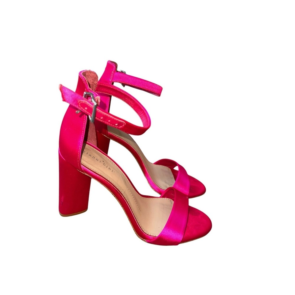 Gianni Bini Sandals Hot Pink Heels Satin Ankle Strap Block Heel Fuchsia Size 9